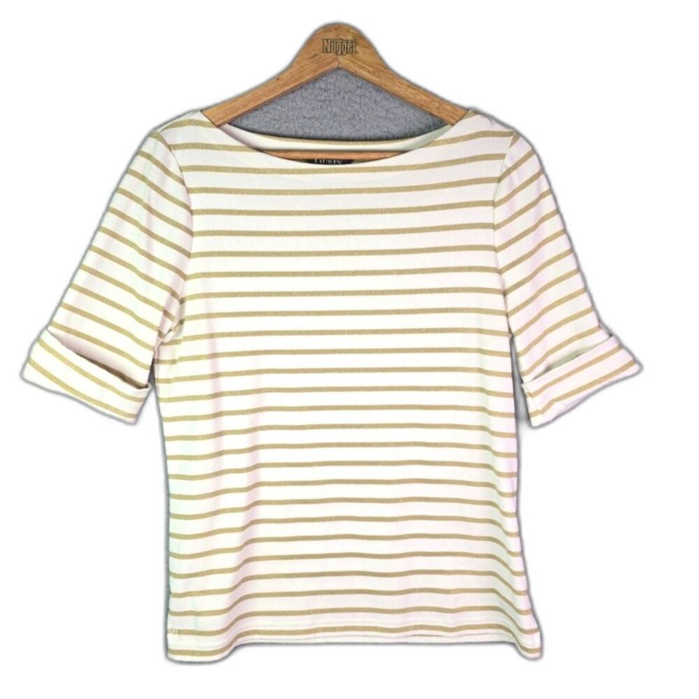 Lauren Ralph Lauren XL Cream Gold Metallic Stripe Cotton Knit Top